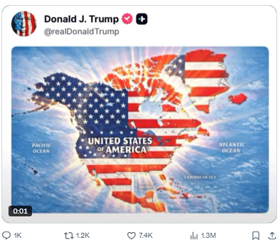 Screenshot of a social-media post showing North America and nearby territories beneath a United States flag