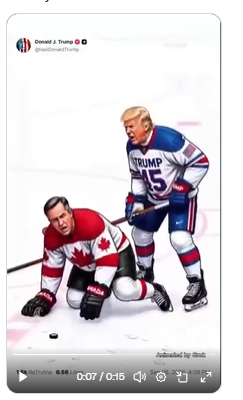 Screenshot of a social-media hockey animation depicting Donald Trump and Mark Carney